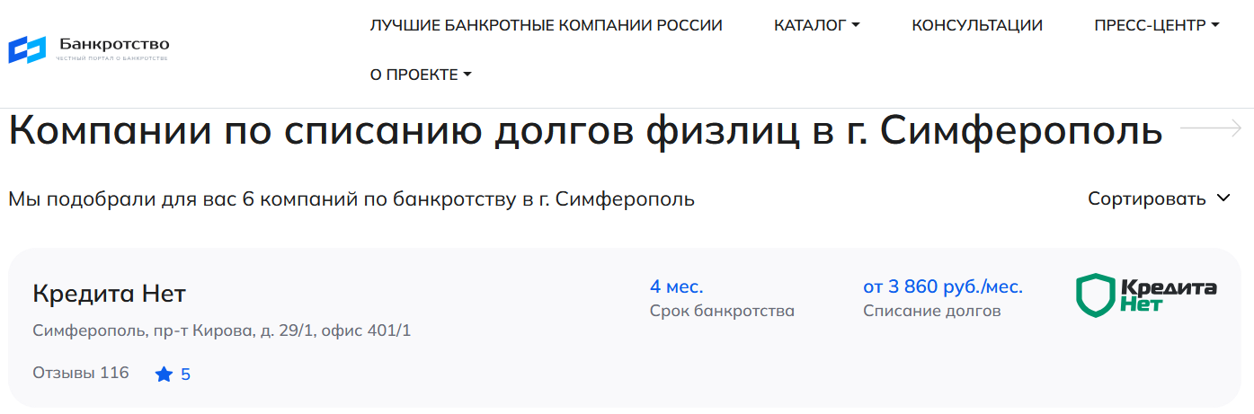 КредитаНет – первые в рейтинге компаний по банкротству в Симферополе на сайте Банкротство Инфо
